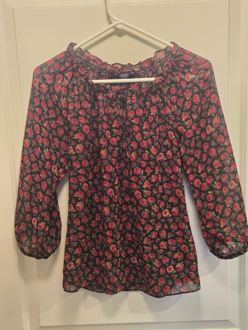 Chaps Black Floral Peasant Blouse with Pink Rose Print